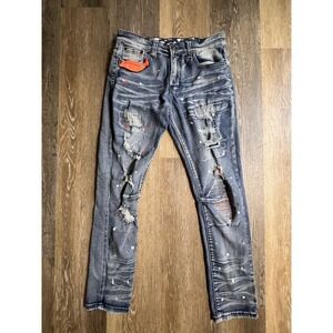 LR Scoop Distressed Jeans Mens 32x30 Blue Good Paint Splatter Moto Ripped Denim